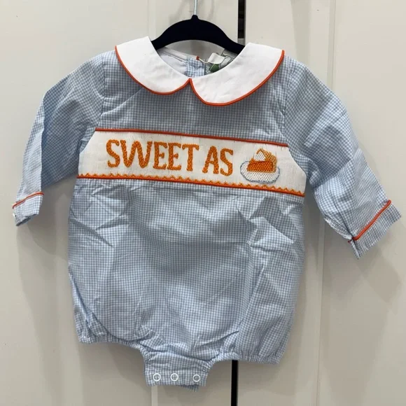 little sloans Blue Gingham smocked Baby Romper pie thanksgiving - Picture 1 of 4